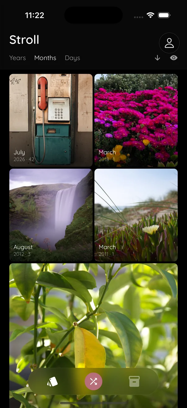 Stroll's Clean tab showing the camera roll grouped into months with photo counts